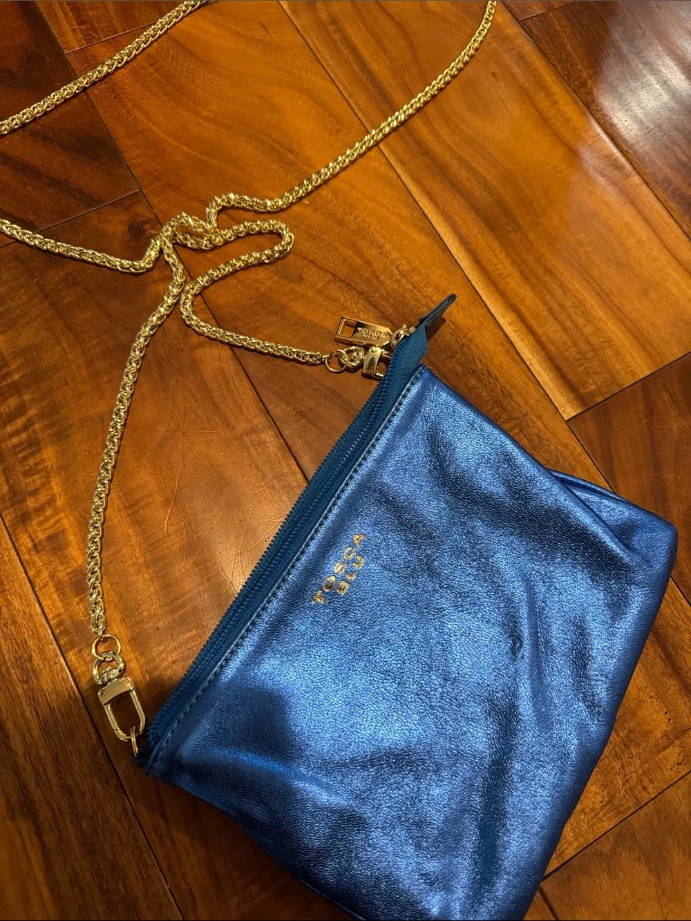 TOSCA BLU Metallic Blue Crossbody with Gold Chain Strap